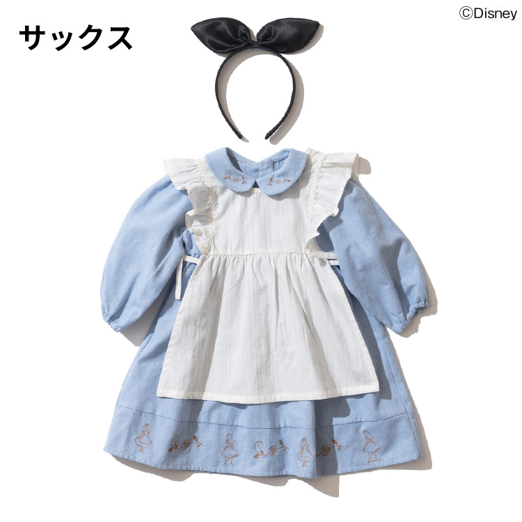 子供服 ワクワクなりきりワンピ Disney ディズニーキャラクターalice刺繍ワンピースベビー服 キッズ服 子ども服 女の子秋 長袖 アリス ハロウィン 誕生日 パーティー 衣装 カチューシャ エプロン付き かわいい お出かけ 秋 春 Sommelier Babygift サイズ カラー