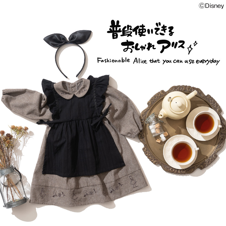 子供服 ワクワクなりきりワンピ Disney ディズニーキャラクターalice刺繍ワンピースベビー服 キッズ服 子ども服 女の子秋 長袖 アリス ハロウィン 誕生日 パーティー 衣装 カチューシャ エプロン付き かわいい お出かけ 秋 春 Sommelier Babygift サイズ カラー