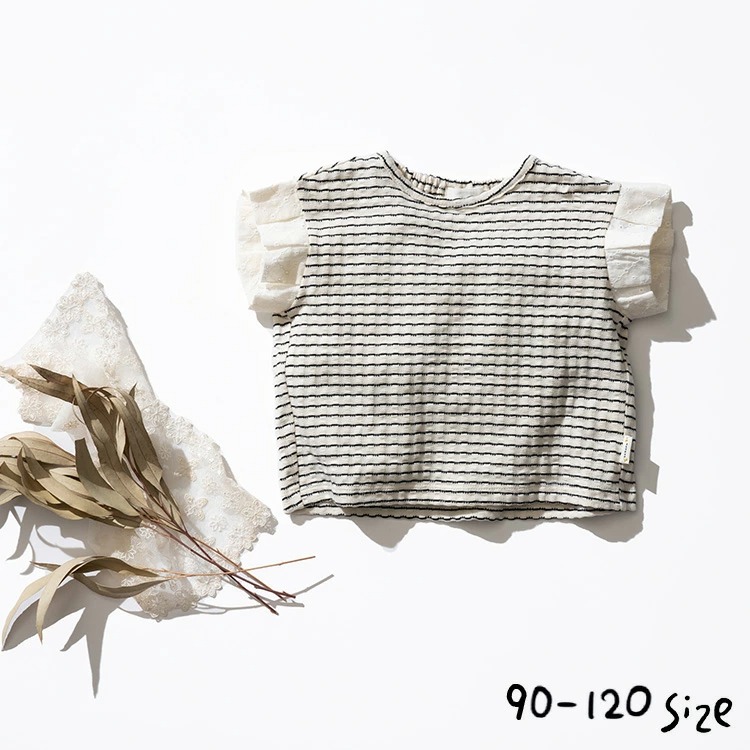 子供服 女の子 [ レースフリルリップルTシャツ ] 通園 通学 デイリー お出かけ キッズ 90/100/110/120 春/夏/秋 ボーダー 入園式 入学式 @sommelier_babygift