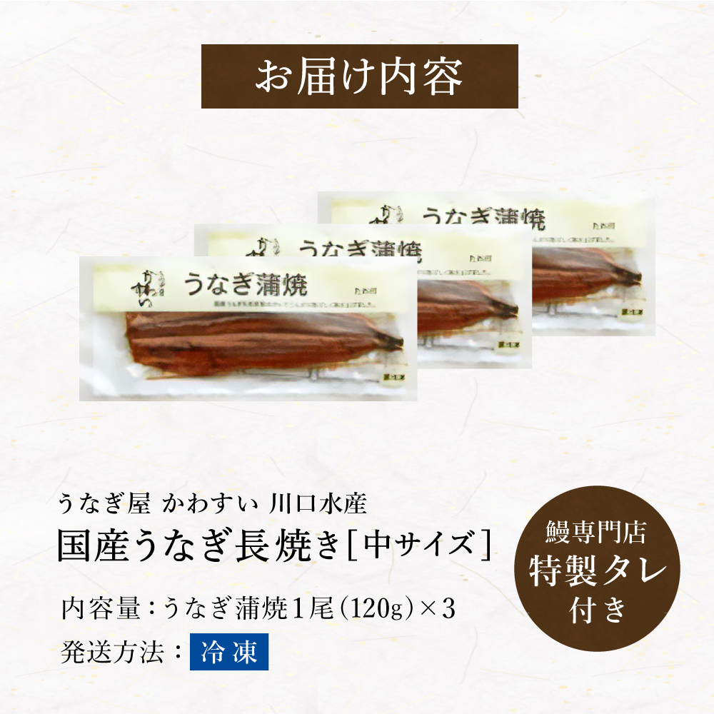 うなぎ 国産 うなぎ屋かわすい 国産うなぎ蒲焼長焼 中 120g×3本セット メーカー直送 のし・包装紙・メッセージカード不可 冷凍便 JGS 送料無料 2026