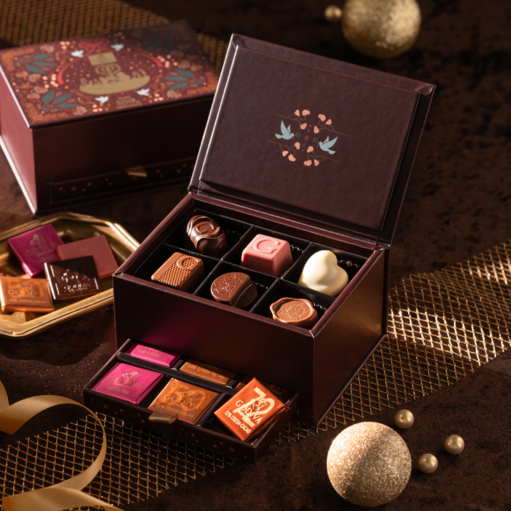 GODIVA ゴディバ グランプラス チョコレート 12粒 シャディ100周年 リト＠葉っぱ切り絵 210501 / 写真入り メッセージカード無料