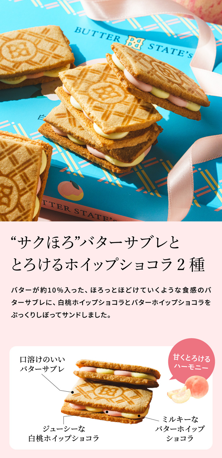 白桃バターホイップサンド 8個入 バターステイツ バターサブレサンド ホイップショコラ バタークッキー 焼き菓子 クッキー 白桃 洋菓子 gws