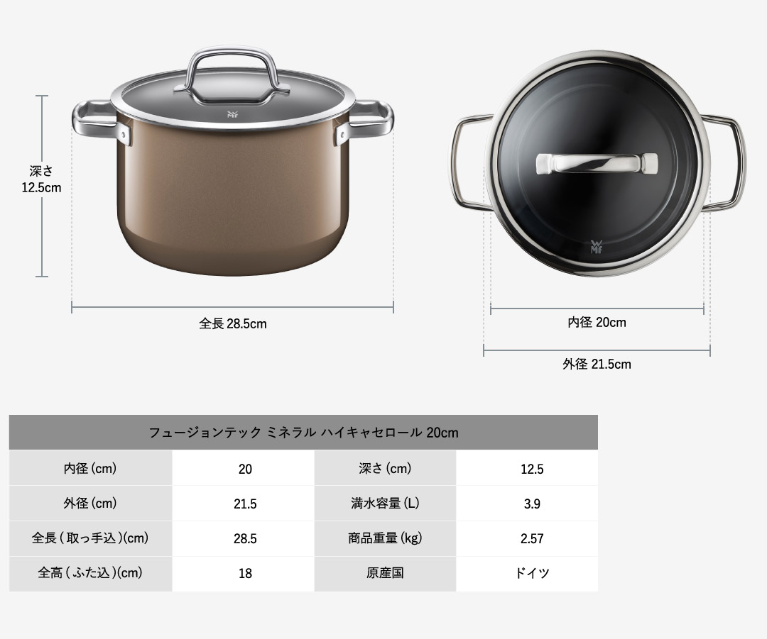 WMF(ヴェーエムエフ）両手鍋 フュージョンテック ミネラル ハイキャセロール 20cm （IH・ガス火対応）