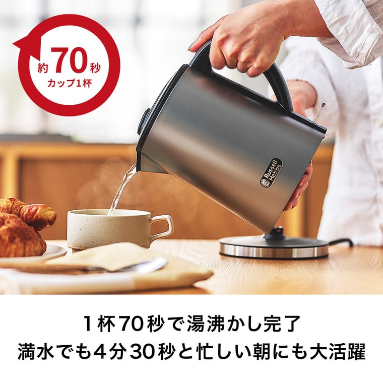 ラッセルホブス ケトル Russell Hobbs ベーシックケトル プラス 0.8L 7014JP グレー ブラック 送料無料 / 800ml 電気ケトル 転倒お湯もれ防止 二重構造 ステンレス 空焚き防止 JGS