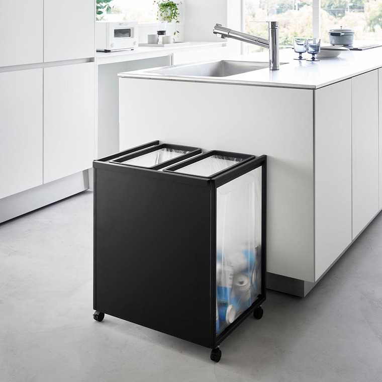 [ 目隠し分別ダストワゴン タワー 45L 2分別 ] 山崎実業 公式 tower 1824 1825 白 黒 / キッチン ゴミ箱 分別 45リットル 分別ゴミ箱 おしゃれ キャスター付き 45L おしゃれなゴミ箱