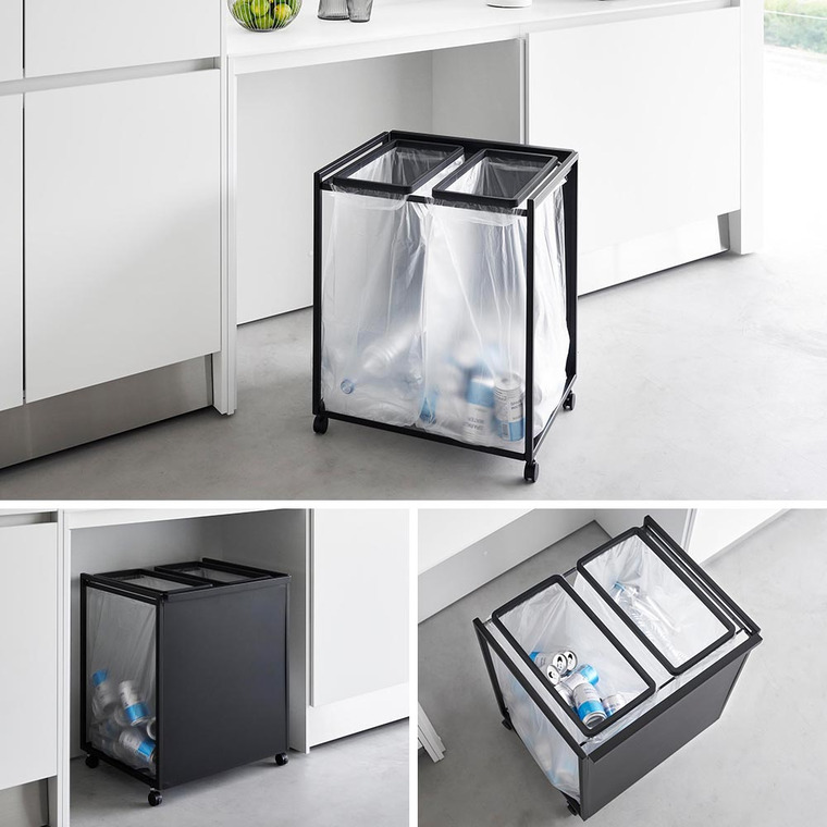 [ 目隠し分別ダストワゴン タワー 45L 2分別 ] 山崎実業 公式 tower 1824 1825 白 黒 / キッチン ゴミ箱 分別 45リットル 分別ゴミ箱 おしゃれ キャスター付き 45L おしゃれなゴミ箱