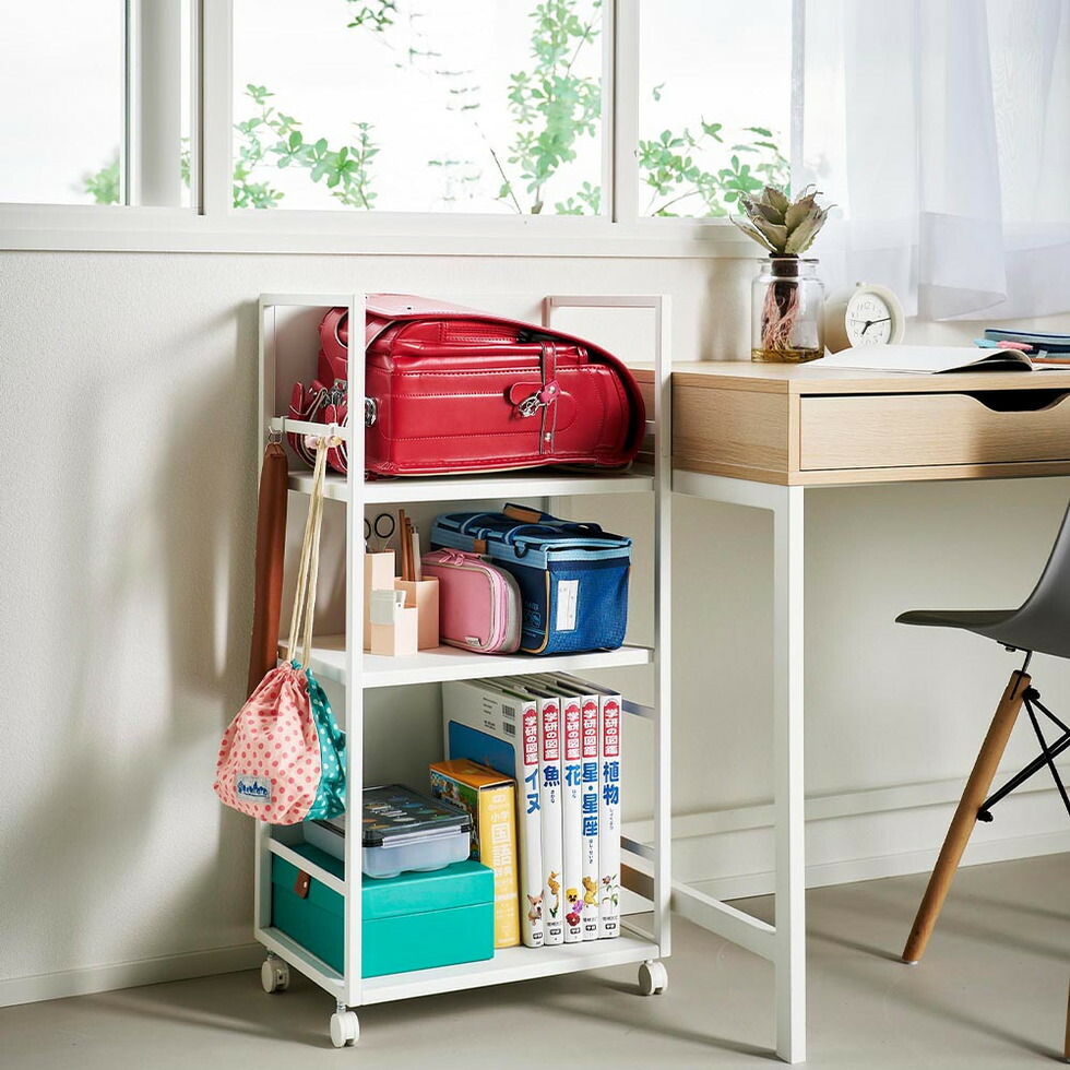 [ 目隠しワゴン タワー L ] 山崎実業 公式 tower 1419 1420 ホワイト ブラック / キャスター付き ワゴン ランドセルラック 学習机 デスク横 書斎 オフィス 収納 フック付き 大容量 3段