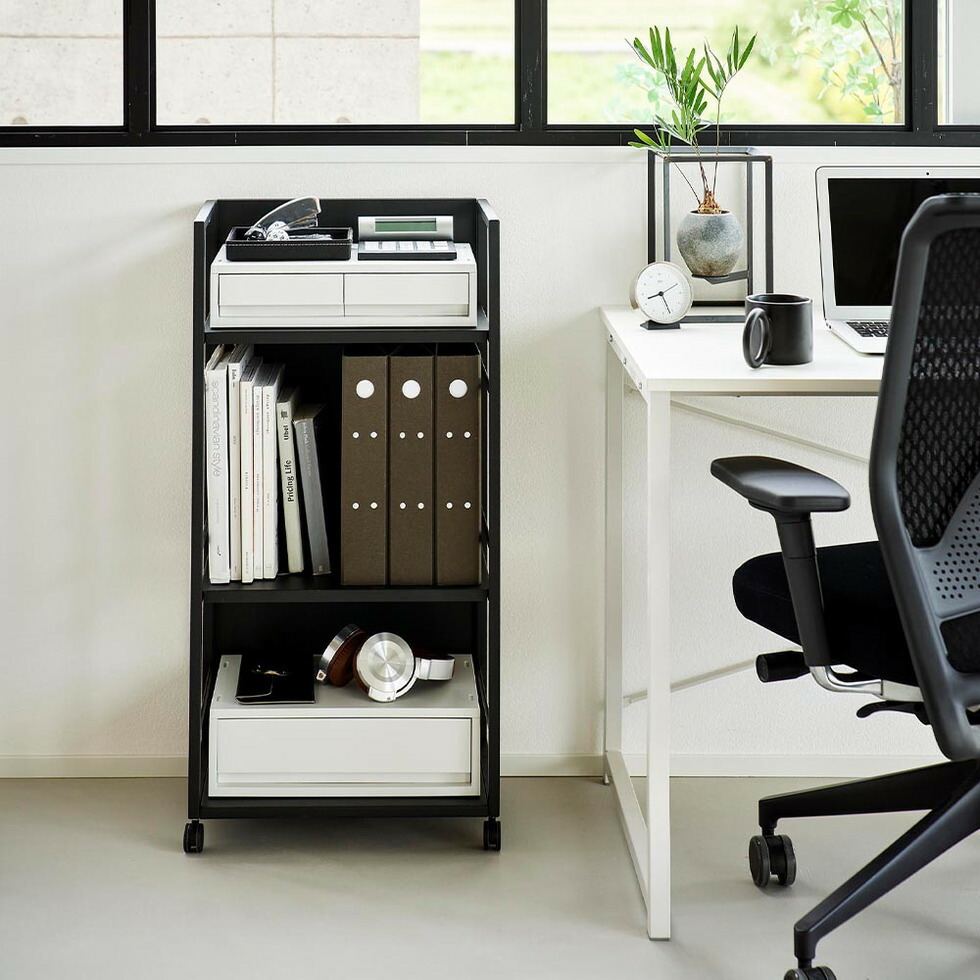 [ 目隠しワゴン タワー L ] 山崎実業 公式 tower 1419 1420 ホワイト ブラック / キャスター付き ワゴン ランドセルラック 学習机 デスク横 書斎 オフィス 収納 フック付き 大容量 3段