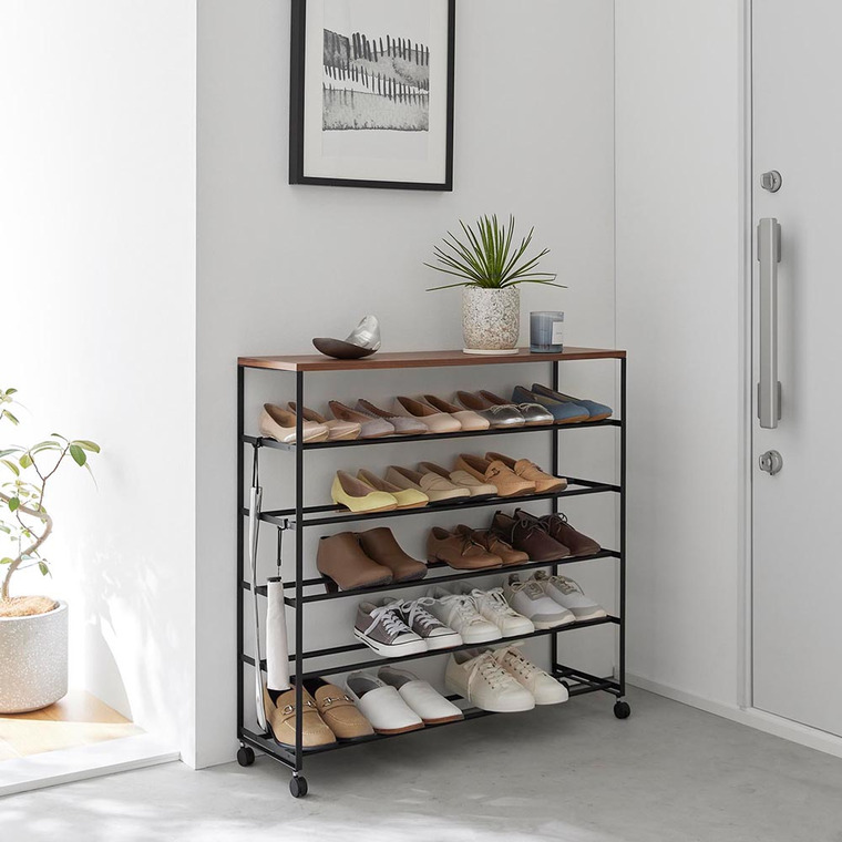 天板付きシューズラック タワー 5段 キャスター付 W90 山崎実業 公式 tower 1465 1466 ホワイト ブラック / 玄関収納 90cm ワイド 送料無料