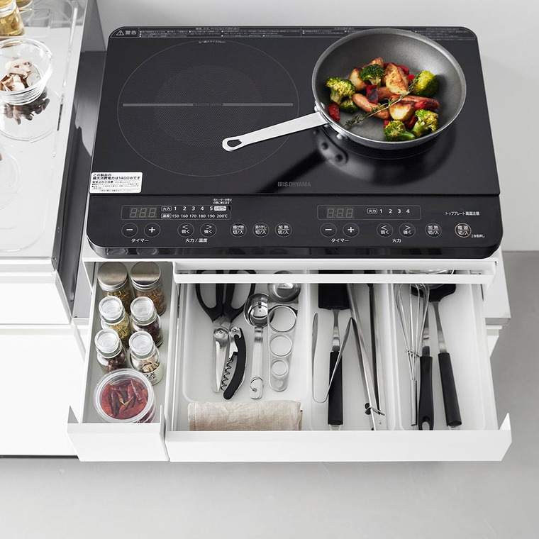 IHクッキングヒーターラック タワー 引き出し&スライドテーブル 山崎実業 公式 tower キッチン 1293 1294 ホワイト ブラック / IH調理器 置き台 送料無料