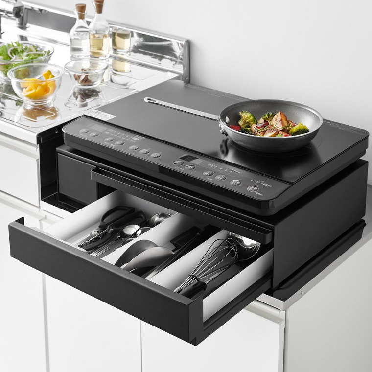 IHクッキングヒーターラック タワー 引き出し&スライドテーブル 山崎実業 公式 tower キッチン 1293 1294 ホワイト ブラック / IH調理器 置き台 送料無料