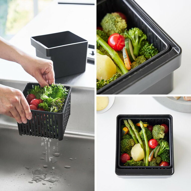 電子レンジ・食洗機対応 ザル付き保存容器 タワー 山崎実業 公式 tower 1.3L 1777 1778 ホワイト ブラック