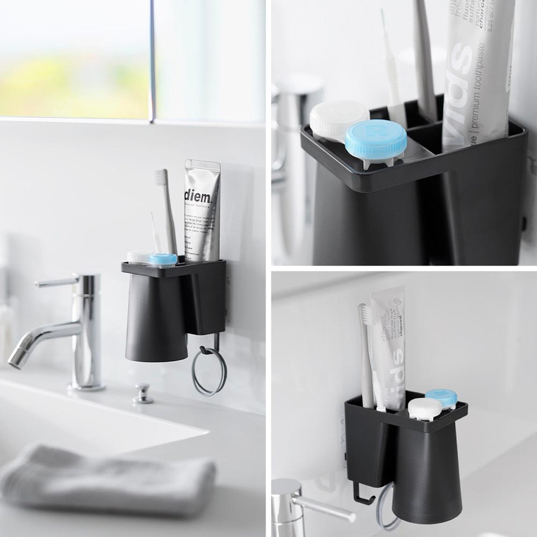 [ フィルムフック1人用歯ブラシホルダー&マグネットタンブラー タワー ] 山崎実業 公式 tower 1295 1296 ホワイト ブラック / マグネットタンブラー うがい コップ 歯ブラシホルダー 歯磨き粉 歯ブラシ スタンド マグネット