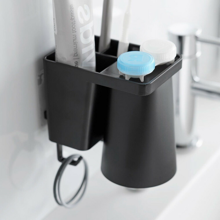 [ フィルムフック1人用歯ブラシホルダー&マグネットタンブラー タワー ] 山崎実業 公式 tower 1295 1296 ホワイト ブラック / マグネットタンブラー うがい コップ 歯ブラシホルダー 歯磨き粉 歯ブラシ スタンド マグネット