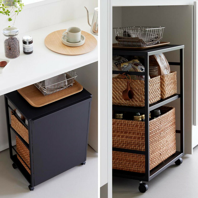 [ 目隠しワゴン タワー 天板付き ] 山崎実業 公式 tower 8466 8467 ホワイト ブラック / キッチンワゴン 天板付き スチールワゴン キャスター付き 2段 収納 キャスターワゴン キッチン リビング 書斎