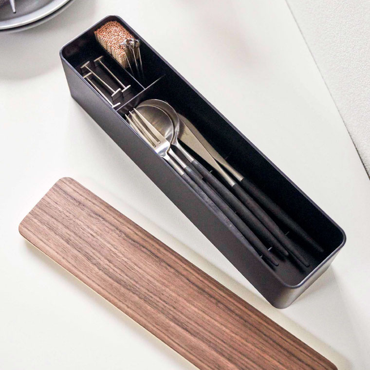 蓋付きカトラリーケース ロング リン 山崎実業 RIN ブラウン/ナチュラル 5405 5406 タワーシリーズ