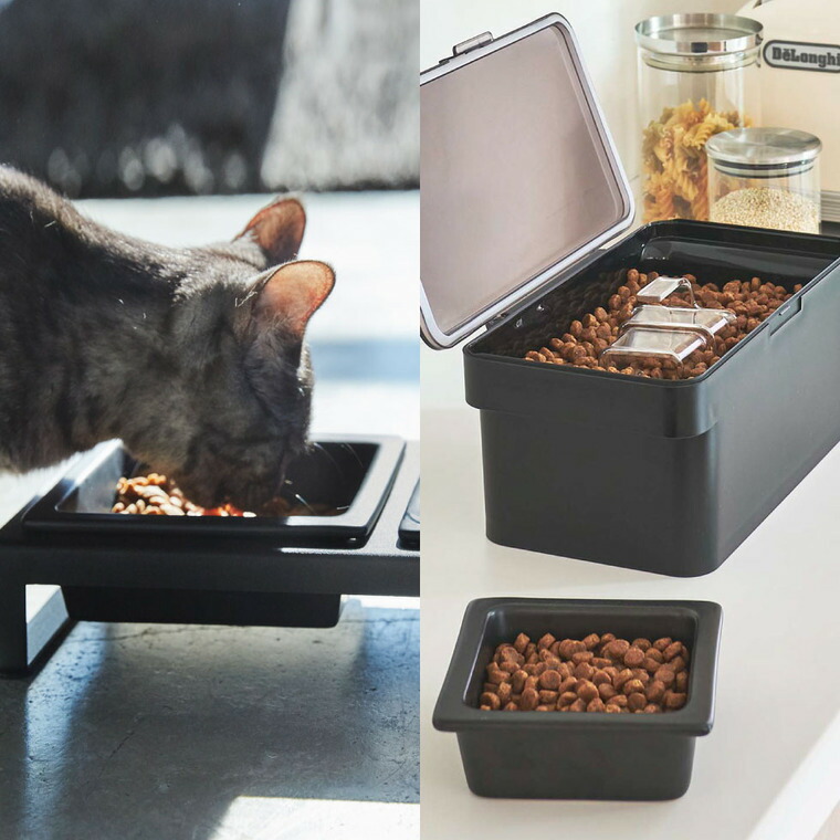 密閉ペットフードストッカー 1.5kg 計量カップ付 & ペットフードボウルスタンドセット タワー 山崎実業 tower ホワイト/ブラック 5609 5610 4206 4207 タワーシリーズ