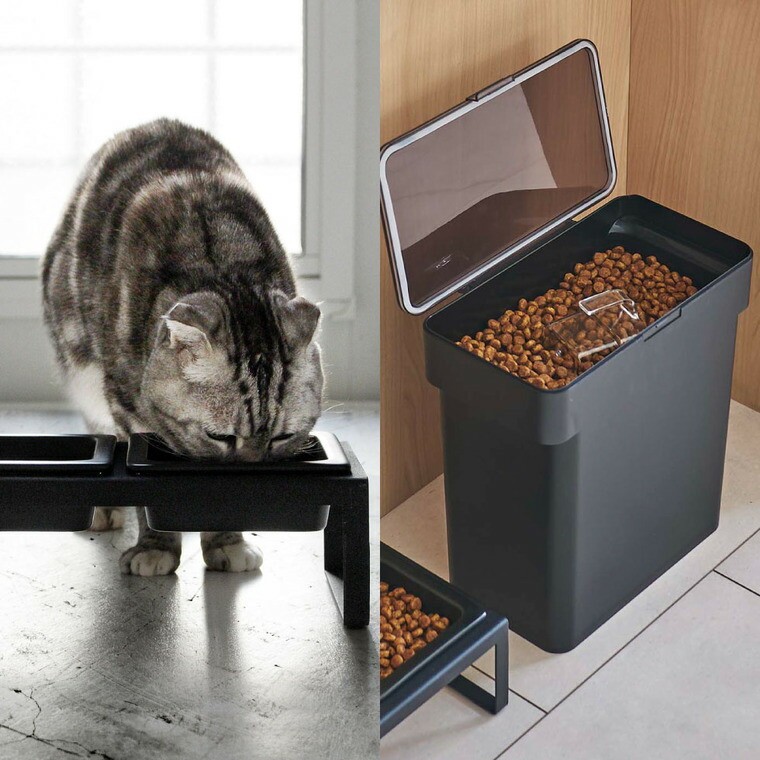 密閉袋ごとペットフードストッカー 3kg 計量カップ付 & ペットフードボウルスタンドセット トール タワー 山崎実業 tower ホワイト/ブラック 5613 5614 4744 4745 タワーシリーズ