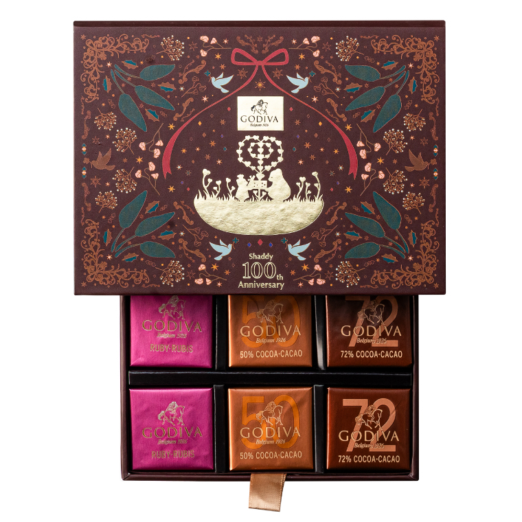 GODIVA ゴディバ グランプラス チョコレート 12粒 シャディ100周年 リト＠葉っぱ切り絵 210501 / 写真入り メッセージカード無料